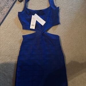 This is a French Connection Lacs Knit Bandage Bodycon Mini Dress in blue.